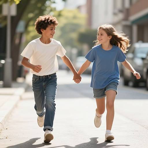 Photograph of a smiling African-American boy in a white t-shirt and blue jeans, and a white girl in a blue t-shirt and denim shorts,