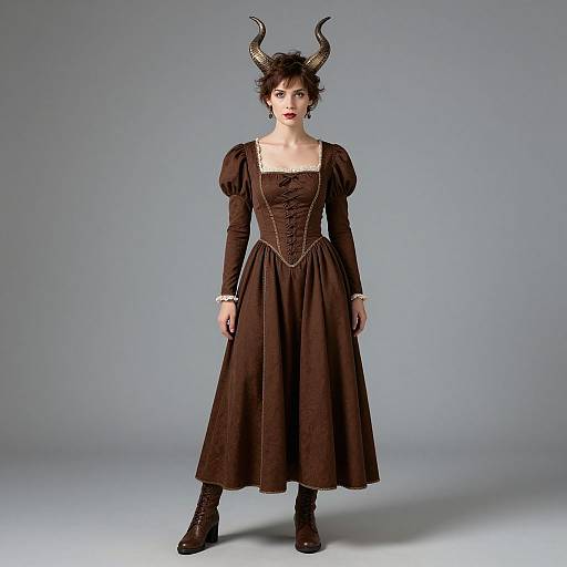 Photograph of a pale-skinned woman with dark curly hair and black horns, wearing a brown, Victorian-style dress with puffed sleeves, standing against