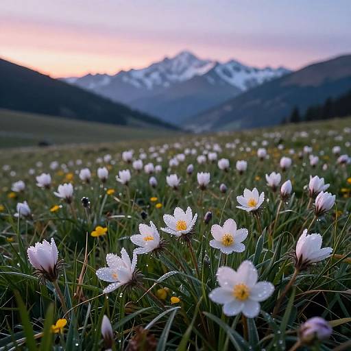 Photograph of a meadow at dawn, featuring white anemone flowers with dewdrops, yellow wildflowers, and snow-capped mountains in the