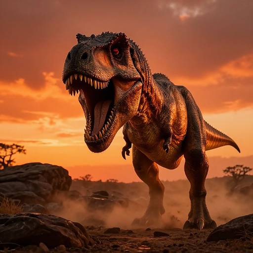 Photorealistic CGI of a roaring, black-scaled T-Rex at sunset, with orange sky, rocky terrain, and African acacia trees in