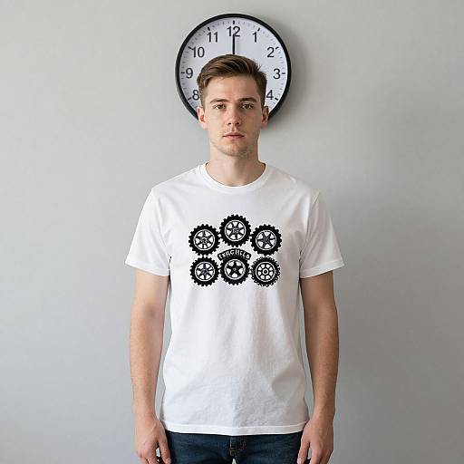 Photograph of a young, fair-skinned man with short brown hair, wearing a white T-shirt with black gear graphic, standing in front of a