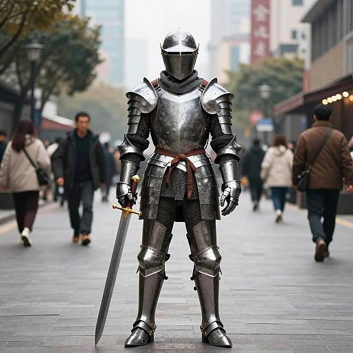 Medieval Knight in Full Armor Holding Sword on City Street