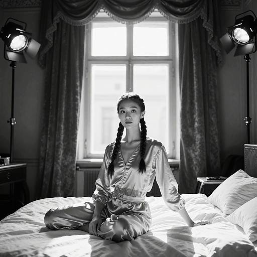 Black-and-white photograph of a woman in a satin kimono with braided hair, sitting cross-legged on a bed in a softly lit, elegant bedroom