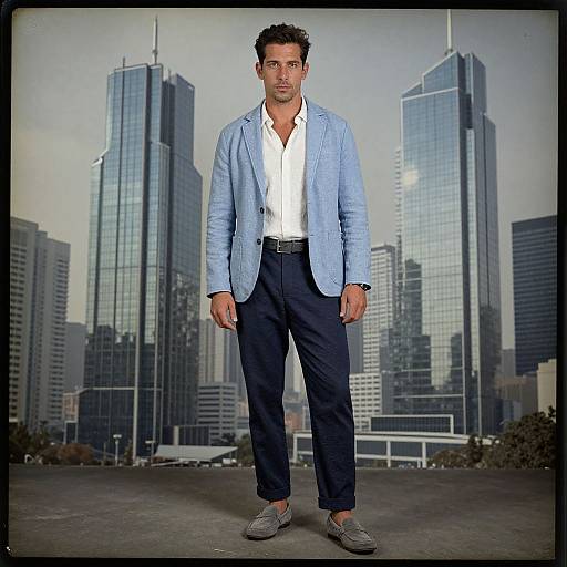 Photograph of a handsome, muscular man with short, dark hair, wearing a light blue blazer, white shirt, black pants, and gray shoes