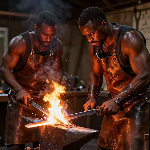 Photograph of two muscular, dark-skinned Black men in black leather aprons, hammering hot metal over a fiery forge in a dimly lit