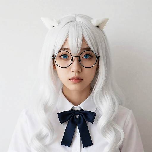 Young Woman with White Hair and Glasses Wearing Bowtie