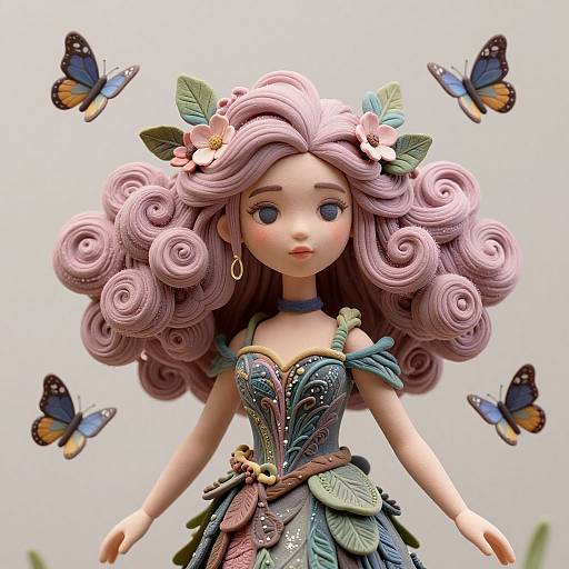 Digital CGI doll with pink, curly hair, floral headpiece, butterfly-adorned dress, surrounded by blue-orange butterflies, fair-skinned, blue