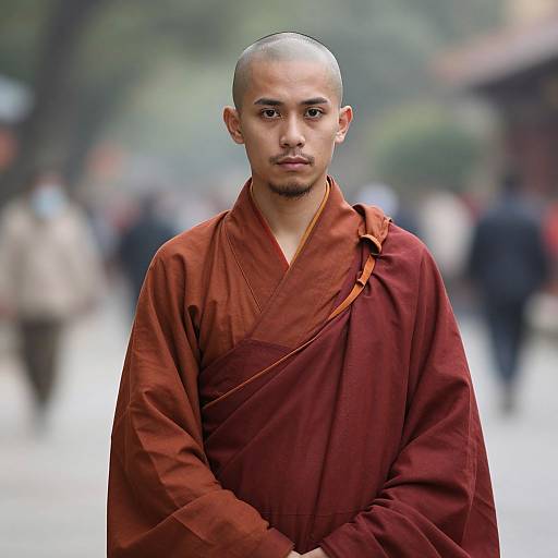 Photograph of a young male Buddhist monk with shaved head, wearing a maroon robe, standing in a blurred outdoor temple setting.