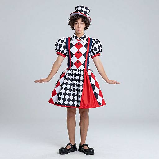 Photograph of a young person in a checkerboard-patterned dress with red and white diamond shapes, black suspenders, and black shoes, standing against