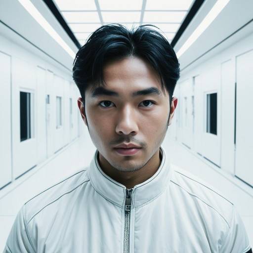 Portrait of East Asian Man in Futuristic White Corridor