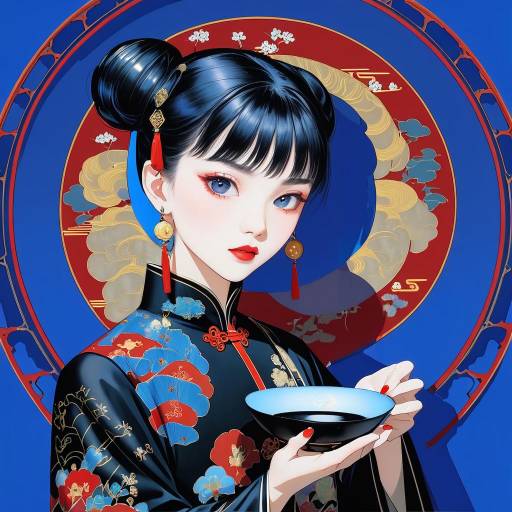 Elegant Asian Woman in Traditional Outfit Holding Bowl