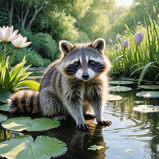 Raccoon by Lily Pond in Sunlight