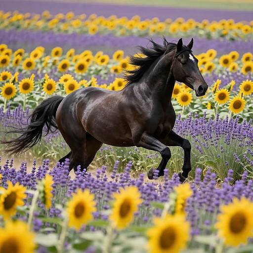 Photograph of a sleek, dark brown horse galloping through a vibrant field of sunflowers and purple lavender flowers under a clear sky.