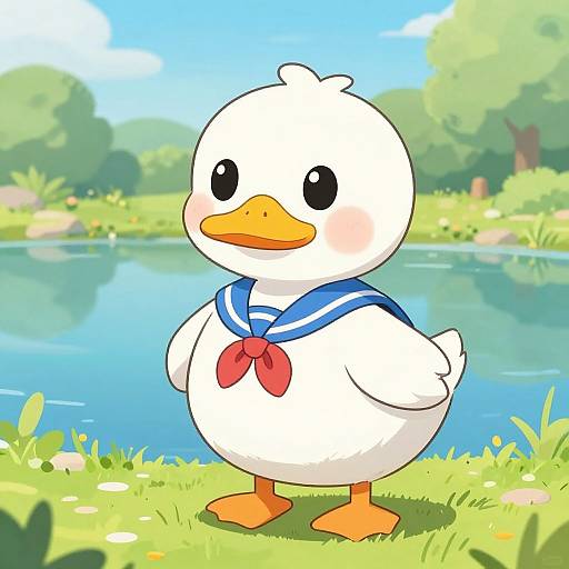 Cartoon duck with white feathers, orange beak, and black eyes, wearing a blue sailor shirt with a red bow, stands on a sunny grass