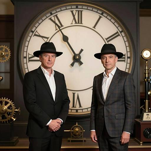 Men and Mechanical Clock Scene