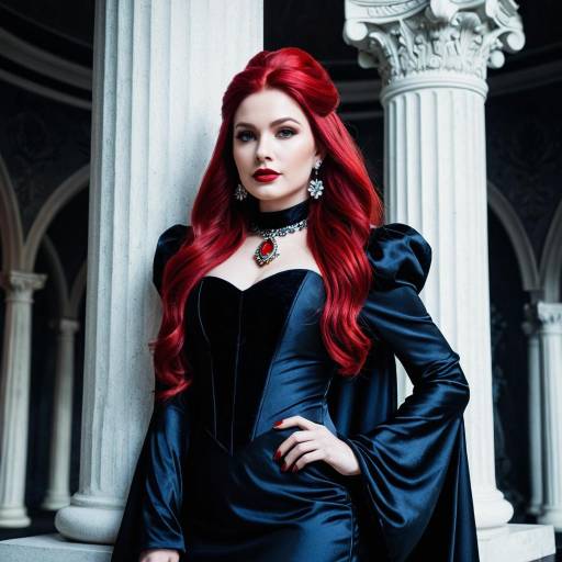Woman in Elegant Dark Dress with Red Hair and Jewelry