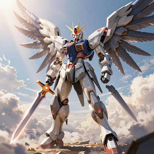 Digital art of a white, winged, humanoid Gundam robot with a red eye, holding a glowing sword, standing against a bright sky with clouds.