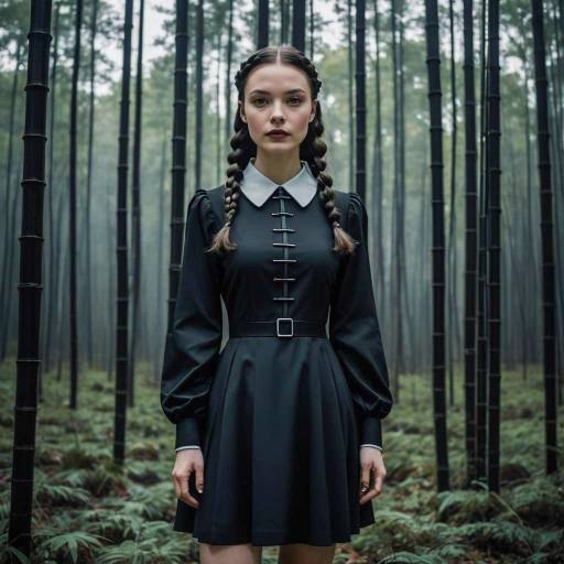 Woman in Wednesday Addams Inspired Dress in Bamboo Forest