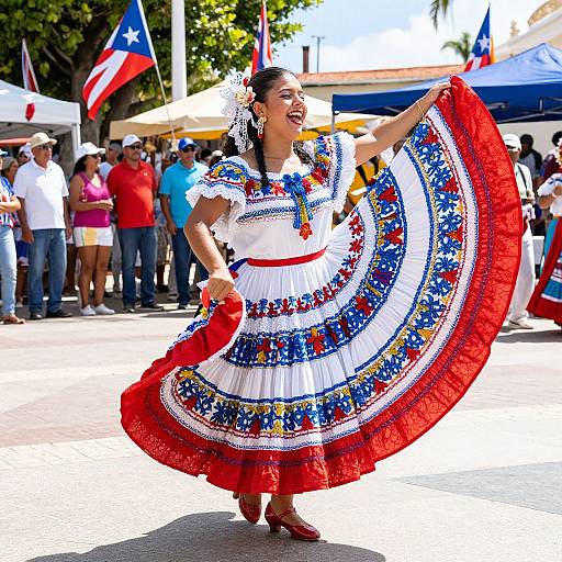 Photograph of a Latina woman in vibrant Mexican dress, with red, white, and blue embroidery, dancing outdoors, surrounded by flags and festival-goers