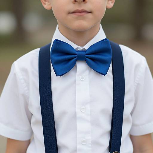 Photograph of a young boy in a white shirt with navy blue bow tie and suspenders, blurred outdoor background.