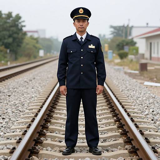 Photograph of a young male train conductor in a black uniform with a hat, standing on railway tracks, with blurred greenery and buildings in the background