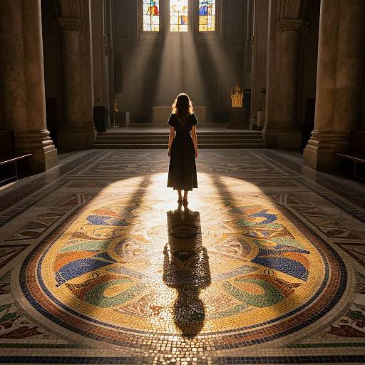 Photograph of a silhouette of a woman in a dress standing in a sunlit, ornate church floor, with stained glass windows in the background.