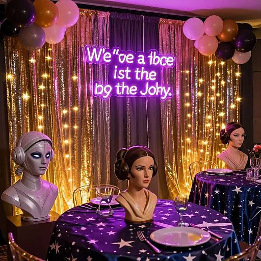 Glamorous party setup with neon sign, star-patterned tablecloths, metallic gold curtains, string lights, mannequin bust, and woman