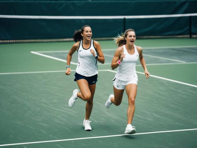 Two Women Running on Tennis Court