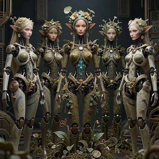 Photorealistic CGI of four elf-like, ornate, mechanical female figures with intricate golden armor, floral headpieces, and metallic bodies, standing in