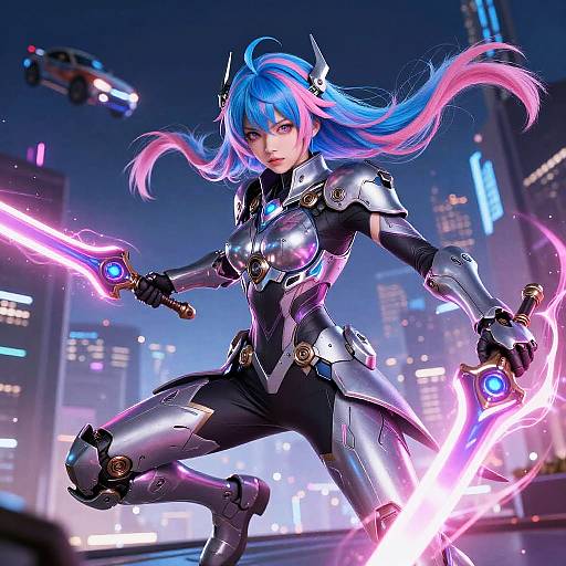 Digital art: Blue-haired anime woman with pink highlights, futuristic armor, glowing purple lightsabers, dynamic cityscape background, neon lights, and a