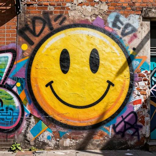 Bright yellow smiley face graffiti on a weathered red brick wall with colorful spray paint tags and shadows, urban street art.
