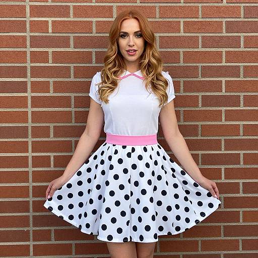 Photograph of a smiling woman with long, wavy red hair, wearing a white polka dot skirt, pink belt, and white top, standing