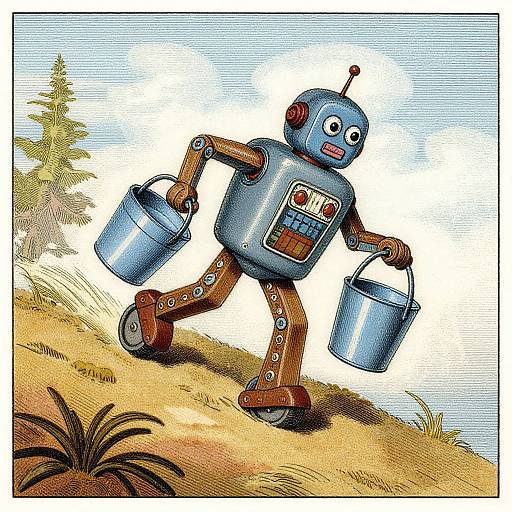 Colorful retro-style drawing of a cheerful robot with a blue head, holding two metal buckets, walking uphill on a grassy hill.