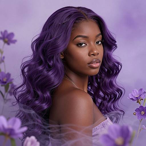 Photograph-style digital artwork of a beautiful dark-skinned woman with long, wavy purple hair, wearing a white off-shoulder top, surrounded