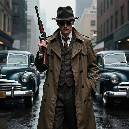 Photograph of a suave man in a brown trench coat, fedora, and suit, holding a gun, standing in a rainy, 194