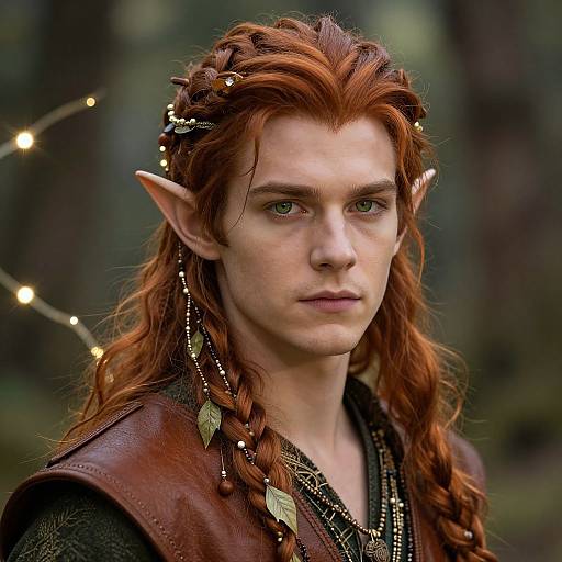Photograph of a red-haired, fair-skinned elf with pointed ears, braided hair, wearing a brown leather vest, adorned with gold and bead