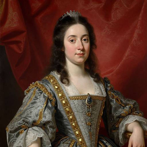 18th-century portrait of a fair-skinned woman with long black hair, wearing an ornate silver and gold dress, set against a rich red backdrop