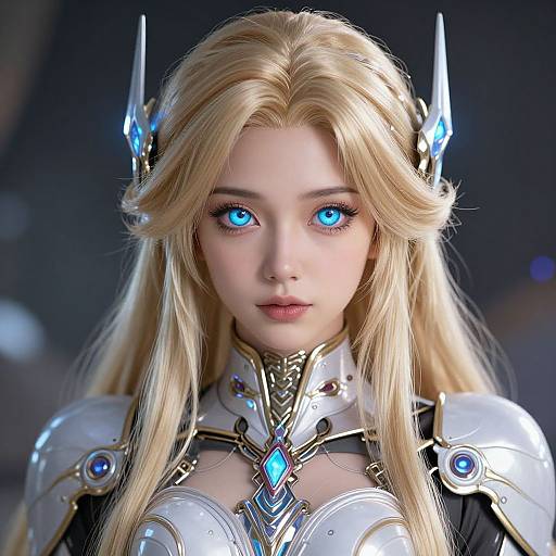 Digital CGI portrait of a blonde, blue-eyed woman with glowing eyes, wearing futuristic, silver armor with blue diamond-shaped accents, and metallic horns, set