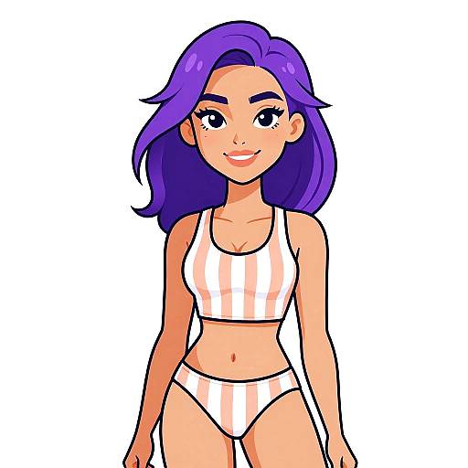 Digital cartoon of a smiling woman with purple hair, wearing a white and pink striped bikini, standing against a plain white background.