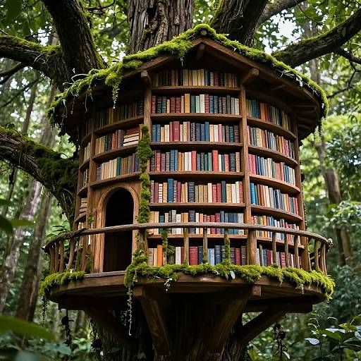 Photograph of a whimsical, moss-covered wooden treehouse library, filled with colorful books, hanging from a tall forest tree.