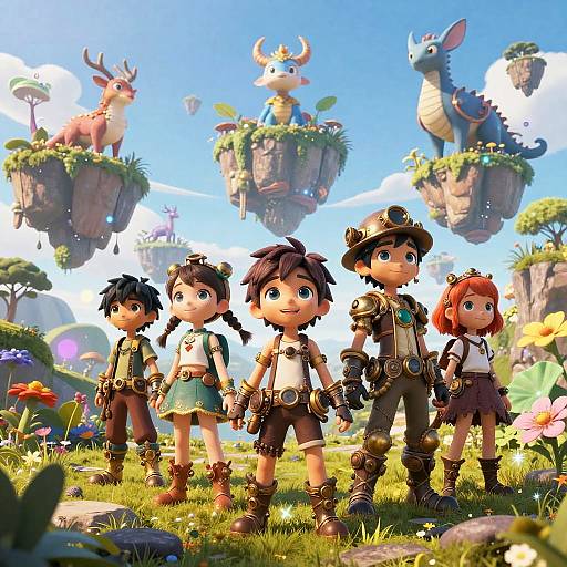 CGI cartoon image of five child adventurers with big eyes, wearing explorer outfits, standing in a vibrant, floating island fantasy landscape.