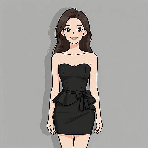 Digital illustration of a young woman with long brown hair, fair skin, wearing a strapless black dress with a bow detail, standing against a light blue