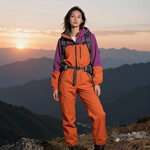 Fashionable Woman in Mountain Sunset Scene