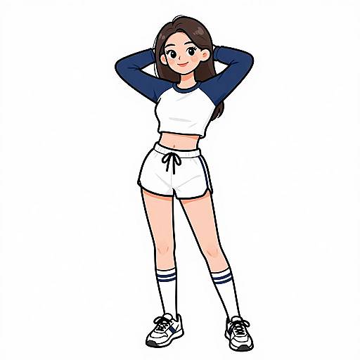 Digital drawing of a smiling young woman with long brown hair, wearing a white and navy raglan shirt, white shorts, and socks, standing with hands