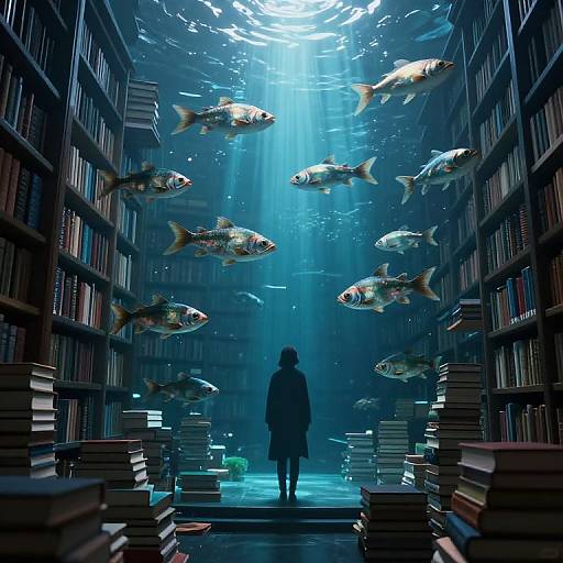 Digital art: Silhouetted figure in coat stands in vast, underwater library with glowing blue light, surrounded by floating colorful fish. Stacks of