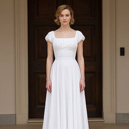 Photograph of a fair-skinned woman with short, wavy blonde hair, wearing a simple, white, short-sleeved, pleated dress