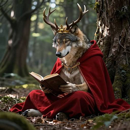 Photorealistic fantasy image of a wolf with antlers, wearing a red royal cloak and crown, reading a book in a sunlit forest.