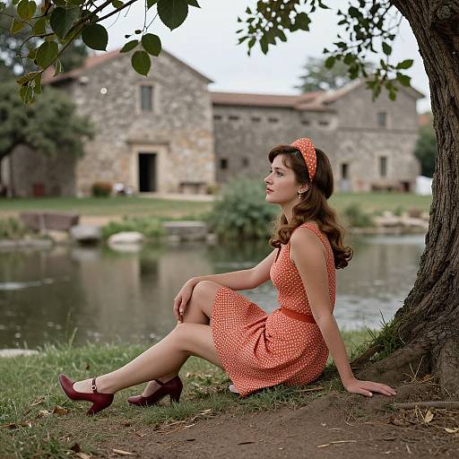 Photograph of a 1950s-style woman with wavy brown hair, orange polka dot dress, and red heels, sitting by a tree
