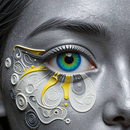 Close-up photograph of a person's blue-green eye with metallic, silver, and gold decorative patterns on a black-painted face.