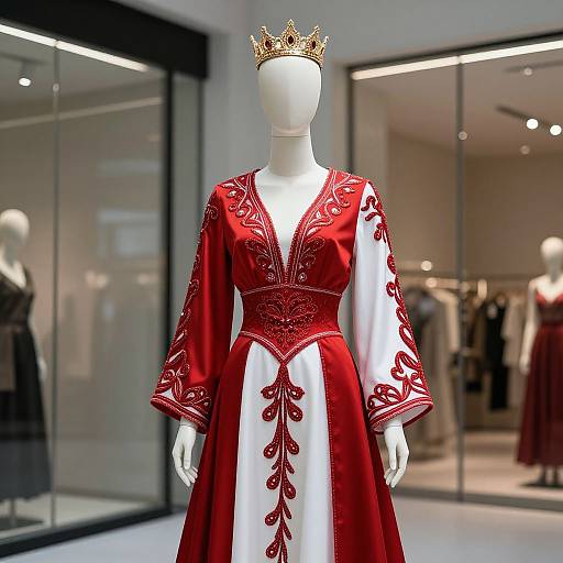 Elegant Red and White Embroidered Dress with Crown on Mannequin